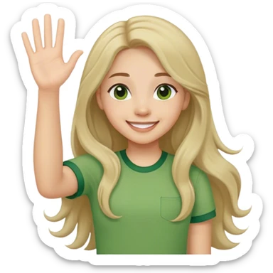 smiling girl with long hair, middle hair part, waving, green shirt sticker