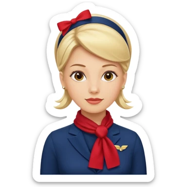 azafata de vuelo rubia, con el pelo recogido y un vestido azul marino, liso con un pañuelo de color rojo sticker