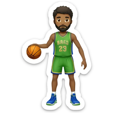 Full Body  white male basketball player with short shaggy dark hair and gold tee beard wearing blue and green uniform sticker