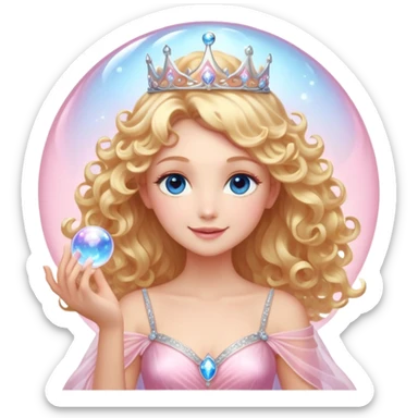 Elegant fairy with golden-blonde curls, a delicate silver crown, and sparkling blue eyes. She wears a shimmering light pink gown with a layered, ethereal design. Surrounded by a glowing, translucent pink bubble, radiating warmth and magic, with a bright, confident smile. sticker