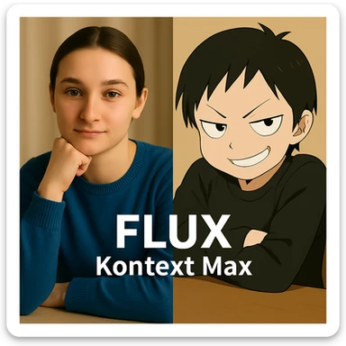 same similar image but chnage the text to "Flux Kontext Max", change people and pose too sticker