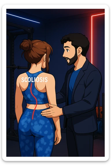 ispirati a questo stile di disegno e fai questa immagine in versione manga/webtoon a colori, il manga mostra la donna di spalle, mentre l'uomo le tocca la spina dorsale per spiegarle come funziona la scoliosi:
Con una scoliosi il baricentro corporeo cade maggiormente da un lato; per non cadere la schiena compensa accumulando tensione sul fianco opposto.
Il risultato? Si inclina e ruota sempre più, fino a che non cede (discopatie, artrosi, ecc) sticker