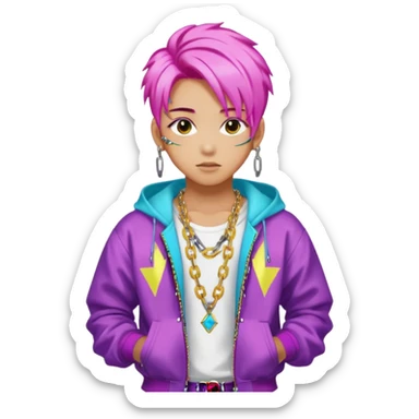 portrait of young idol in Kpop style, wearing flashy streetwear outfit, colorful dyed hair, confident pose, accessorized with chains  sticker
