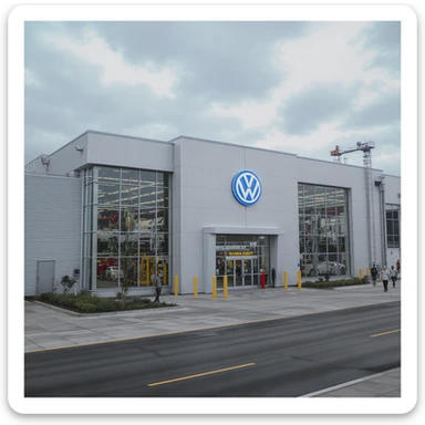 Realistic Volkswagen factory exterior, large industrial building with Volkswagen logo, parking lots filled with cars, factory grounds with machinery and equipment, realistic lighting and shadows, industrial atmosphere, workers in uniforms walking around sticker