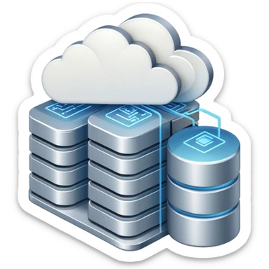 An icon featuring a database server, stacked data disks, and a cloud symbol, representing databases. The design includes binary code, a data structure diagram, and network connections, symbolizing data storage, management, and organization. Transparent background sticker