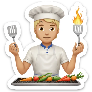 man with tied blond hair and and a white apron grilling vegetables on a sizzling grill sticker