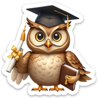 Owl smiling with graduation hat and diploma in claws sticker
