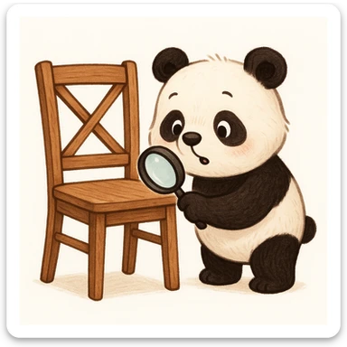cute and whimsical panda inspecting a dining chair for durability, magnifying glass in hand, clean background sticker