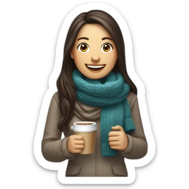 white laughing female data science engineer with dark brown straight long hair in a tech startup wearing woolly scarf and wearing a coffee mug, not full body shot sticker
