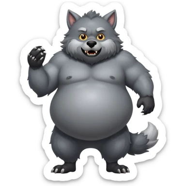 A gray werewolf with his belly inflated, big and round like a balloon sticker