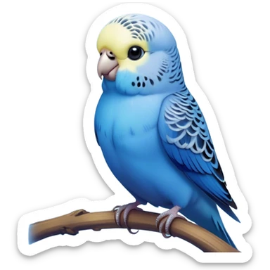 Cinematic Noble Blue Budgie Portrait Emoji, Poised and regal, with a petite, delicate build and a smooth, well-groomed fur of vibrant blue feathers, deep-set soulful dark eyes, Simplified yet sharp and sophisticated features, highly detailed, glowing with a soft, dignified glow, high shine, intelligent and charming, stylized with an air of elegance, focused and attentive, soft glowing outline, capturing the essence of a watchful and confident avian companion, so majestic it feels as though it could flutter out of the screen with effortless authority! sticker