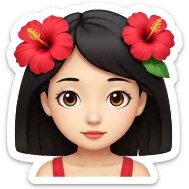 cute emoji-style girl face inspired by Lilo, big round eyes, soft smile, tan skin, straight black hair, red hibiscus flower on left, kawaii, minimal, pastel sticker