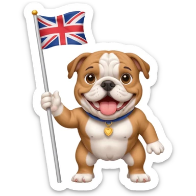 english bulldog waving a small tour flag, smiling sticker