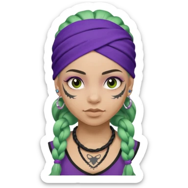 green braided hair with purple head bandana and lots of face tattoo girl sticker