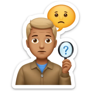 Realistic emoji-style man in simple everyday clothes, looking thoughtful and analytical. A thought bubble above his head shows a critical-thinking icon (question mark + magnifying glass). Soft lighting, expressive critical facial expression. sticker