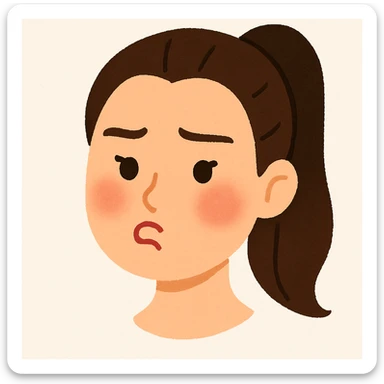Create a soft cartoon face of Billie Eilish's head in the style of the reference image with simple features, no background. Use brown hair and a different facial expression: pouting. sticker