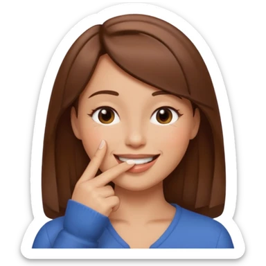 una mujer con un dedo en boca sonriendo y lps ojos en forma medio cerrados creando una curva de sonrisa pelo castaño sticker
