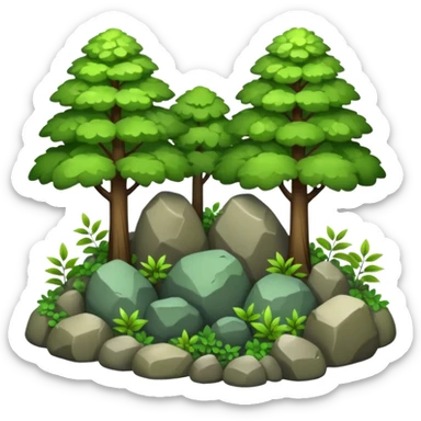 A bright forest clearing with layered bushes and scattered rocks. sticker