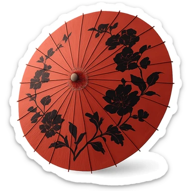 red Chinese parasol with black flowers, elegant and detailed, clean background, focus on the parasol shape and floral pattern sticker
