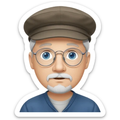 Older cute white male, grey Irish flat cap, blue eyes wire rim glasses, goatee sticker
