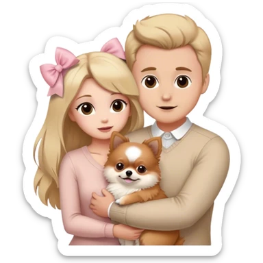 Blond girl with old money beige outfit white brown eye skin with husband brown hair brown eyes hugging white Pomeranian with light pink bow ponerania another pomerania red brown sticker