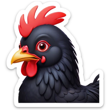 Cinematic Cute Black Chicken Portrait Emoji, Head tilted playfully and inquisitively, featuring sleek, lustrous black feathers and a vibrant red comb, round, sparkling beady eyes filled with curiosity, Simplified yet irresistibly adorable features, highly detailed, glowing with a warm, friendly glow, high shine, affectionate and lively, stylized with a touch of whimsical charm, bright and endearing, soft glowing outline, capturing the essence of a mischievous yet loving chicken, so playful it feels like it could peck out of the screen and into your arms! sticker