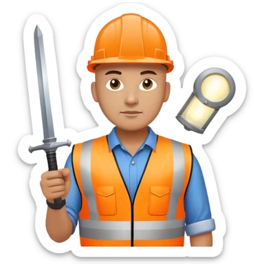 Bald Telecoms engineer in orange hi vis with white hard hat (with lamp) and sword sticker