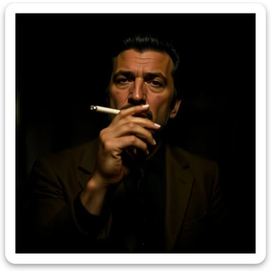 realistic scene of a 1970s mobster inspired by Robert De Niro in Goodfellas, smoking a cigarette in a dimly lit room, atmospheric sticker