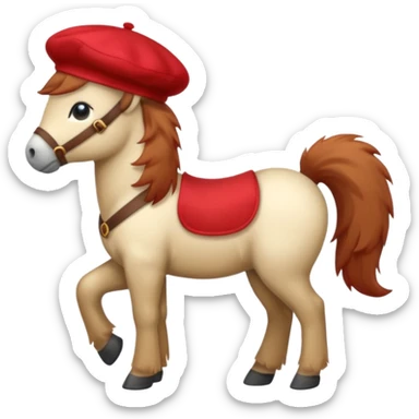 A cute pony (horse) emoji, full body, standing in side view, wearing a stylish red beret. sticker