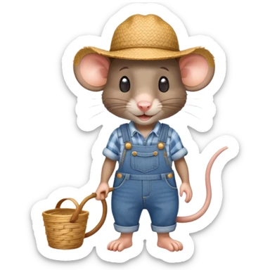 farmer rat in denim overalls with a straw hat sticker