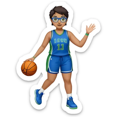 Full Body plus size white female basketball player with short dark hair with highlights spike hair wearing blue glasses  wearing blue green uniform smiling sticker
