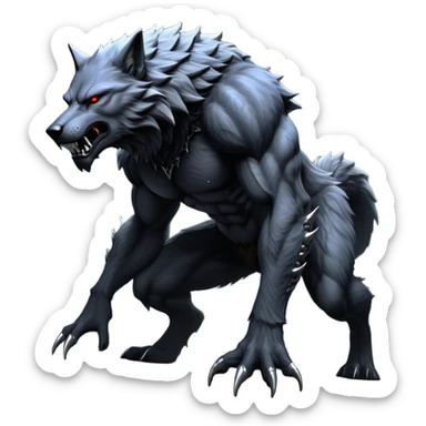 cinematic-noble-fierce-werewolf-full body on all fours-emoji, poised-and-imposing, with a tall, lean, and muscular wolfish frame inspired by the brutal, imposing shape of the beast from Berserk, fur rippling in shades of midnight black and silver, massive paws with razor-sharp claws, elongated limbs and fangs, eyes glowing with an intense, primal ferocity, reflecting the untamed power of the wild moonlit night; rendered with realism like a wolf hunched over battle ready pose ready to attack sticker