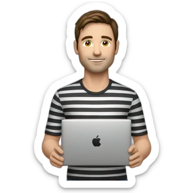 man with brown hair, striped shirt with black and white while holding laptop in front sticker