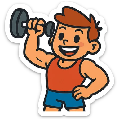 strong kid lifting a dumbbell, cheerful, vibrant colors, cartoon style sticker