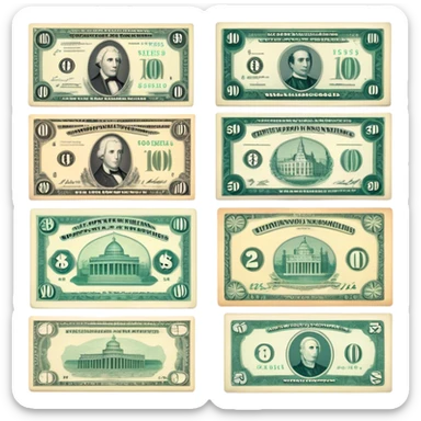 Icon for Banknote Collecting: a collection of old, rare banknotes with intricate designs and historical significance, stacked or displayed in an album. The icon should evoke the fascination with collecting currencies from different eras and countries. Transparent background. sticker