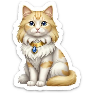 Fancy white fluffy long-haired sophisticated elegant sitting pet cat with a gold-sapphire collar (full body)  sticker