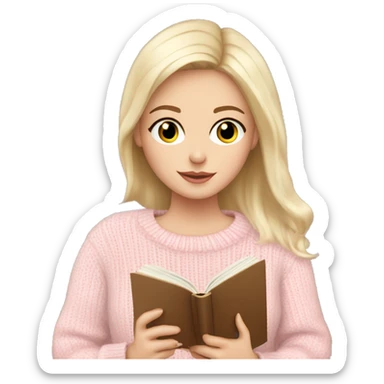 Pretty blue eyed white girl with light pink sweater reading cozy sticker