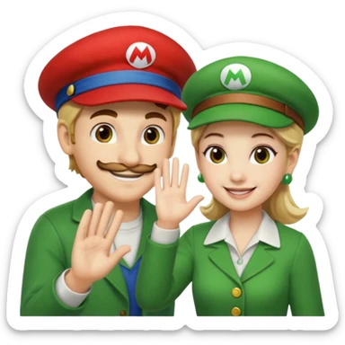 blonde female Luigi (with the Luigi green hat) and a normal brown hair male Mario with the red hat. They are friends! Maybe highfiving or just smiling sticker