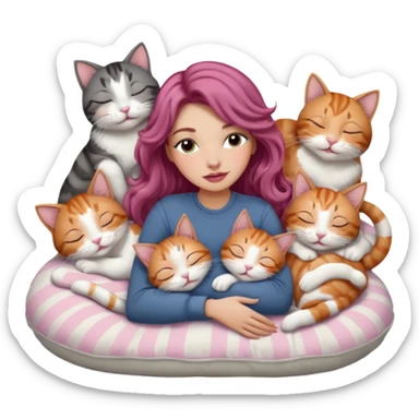girl with long wavy brown hair, long lashes makeup, sexy pink lips, light to medium complexion,  sleeping on a cozy pillow, with 6 cats: 1 ginger/white, 1 grey with white paws, 1 calico, 2 grey and white and one tabby and white sticker