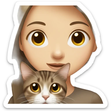 pale girl with long dark brown hair, holding a brown tabby cat sticker