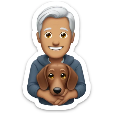  man with grey hair smiling holding a dachshund in his arms sticker