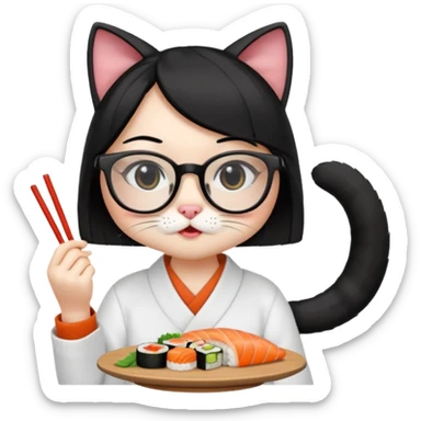 cute girl cat with straight hair and really big square glasses with super thin frames eating sushi sticker