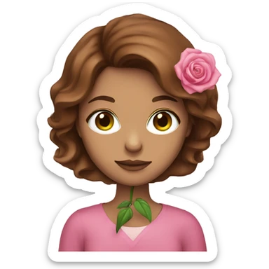 Green eyed brown hair woman holding pink rose sticker