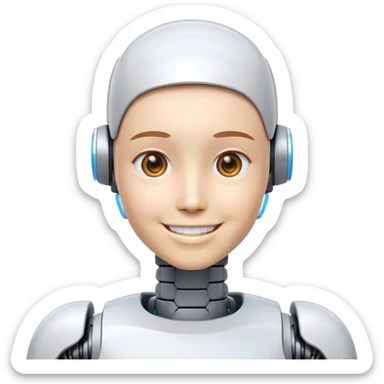 smiling Humanoid robot, face + neck, human face sticker