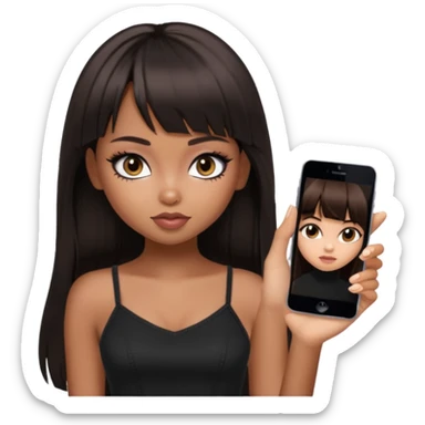generate a pretty bratz girl in black cami top, dark brown straight long hair with bangs, eyeliner on, dark brown eyes sticker
