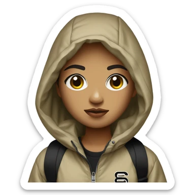 girl with light brown skin, short and black hair, black eyes in windbreaker “stussy” sticker