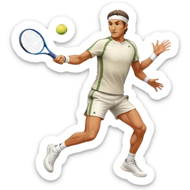 Cinematic Realistic portrait of Goran Ivanišević, depicted as an iconic tennis player in dynamic motion with detailed athletic gear and intense focus, illuminated by bold stadium lighting that accentuates his competitive spirit. sticker
