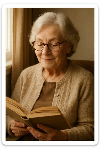 older woman wearing glasses, reading a book, gentle look sticker