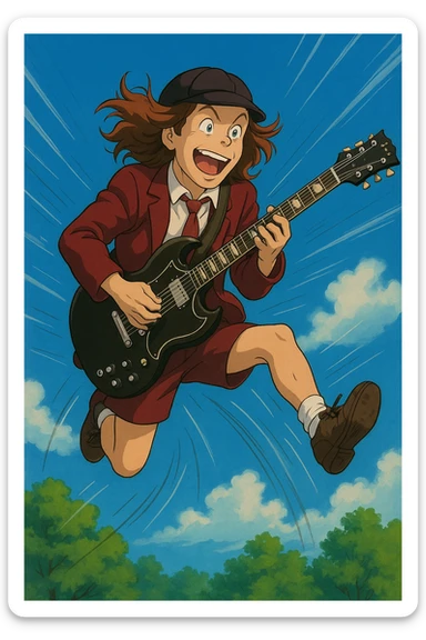 Angus Young in classic school uniform, mid-jump, with guitar, ghibli-inspired style sticker
