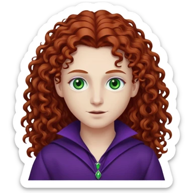 Armand with white skin, green eyes , long auburn curly hair, dark purple outfit sticker